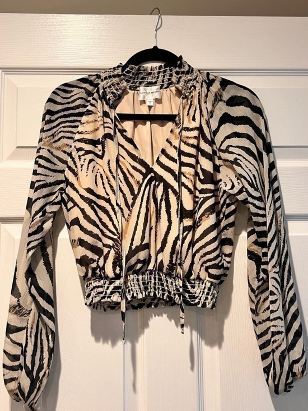 Lavender Brown Zebra Print Smocked V-Neck Blouse size XS